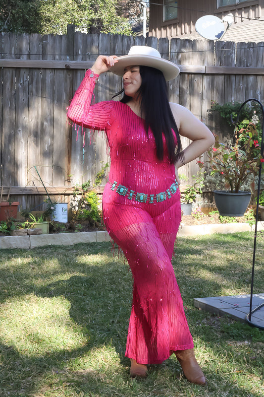 Fringe Pink One shoulder Jumpsuit